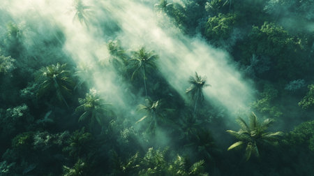 Tropical rainforest with coconut palm trees and fog in morning