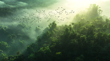 Flock of birds flying in the morning mist in the forest.の写真素材