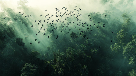 Flock of birds flying in the misty forest. Nature backgroundの写真素材