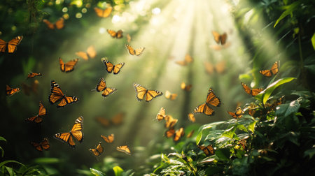 Butterflies flying in the morning sunlight. Natural background concept.の写真素材