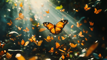 Butterflies flying in the morning sunlight. Beautiful nature background.の写真素材