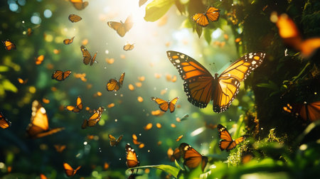 Butterflies flying in the morning sunlight. Beautiful nature background.の写真素材