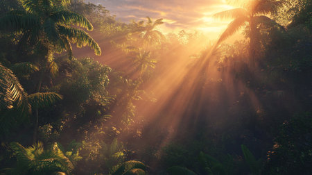 Sunset in the jungle with palm trees and rays of light.