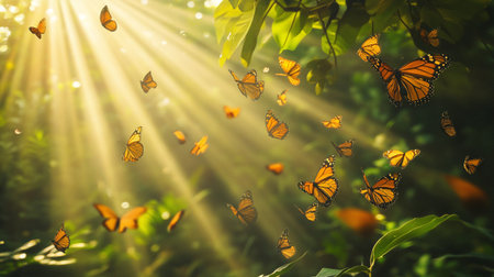 Butterflies flying in the morning sunlight. Beautiful nature background.の写真素材