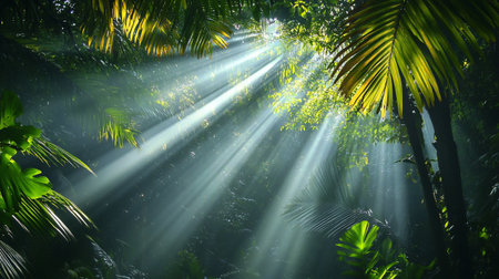 Sunlight shining through the palm leaves in the jungle. Nature background