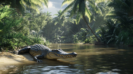 Crocodile in the rainforest, Sri Lanka. 3d render