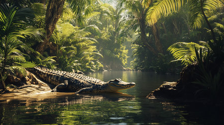 Crocodile in the tropical forest. Wildlife scene from tropics.の写真素材