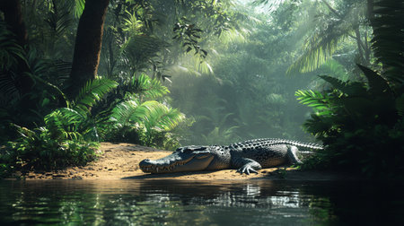 Crocodile in the rainforest, 3d render.