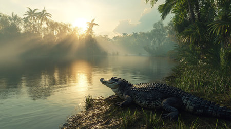 Crocodile on the bank of the river at sunrise.の写真素材