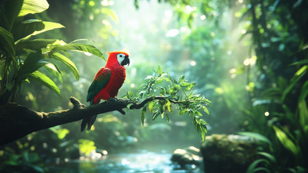 Red macaw parrot sitting on a branch in the jungle.の写真素材