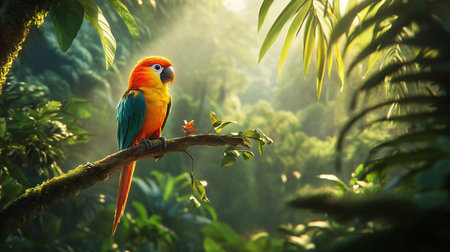 beautiful Scarlet macaw sitting on a branch in a tropical forestの写真素材