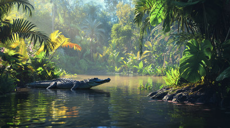 Crocodile and crocodile in the pond. 3d renderingの写真素材