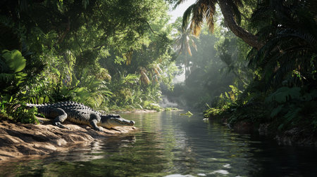 Crocodile in the forest with a river in the backgroundの写真素材