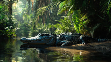 Crocodile in the Amazon rainforest. 3d renderの写真素材