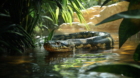 Beautiful python in the jungle. Snake in the pond. Animal themeの写真素材