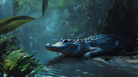Crocodile in the rainforest. 3D rendering.の写真素材