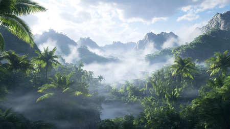 Tropical jungle landscape with palm trees and mist in the morning