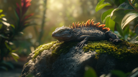 Iguana on a rock in the forest. Close up.の写真素材