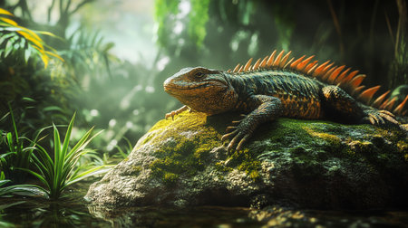 Iguana on a rock in a tropical forest. Reptileの写真素材