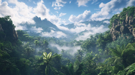 Foggy tropical landscape. Panoramic view of the jungle.
