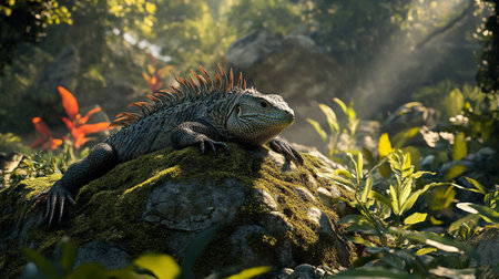 Iguana sitting on a rock in the sun in the forestの写真素材