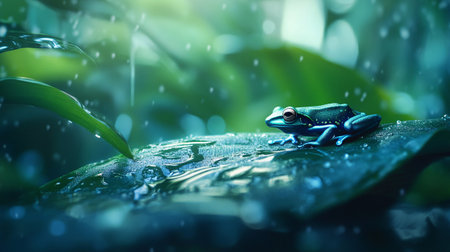Blue frog on a leaf with rain drops in the rainforest.の写真素材