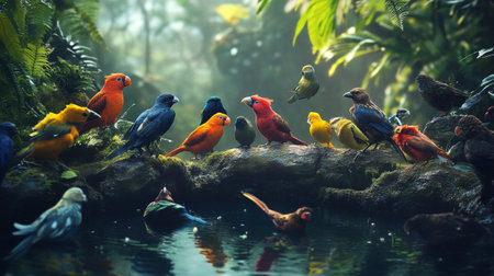 Colorful parrots in the tropical forest. Beautiful birds in the nature.の写真素材