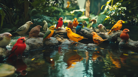 Colorful birds sitting on rocks near a pond in a tropical settingの写真素材