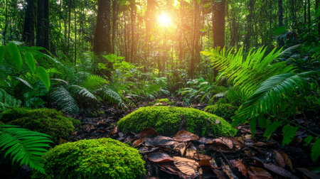 Sunlight in the green forest with moss and ferns.