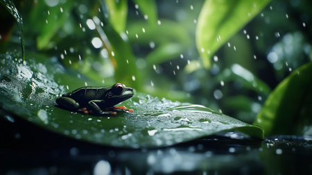 Frog on green leaf with rain drops. Animal in rainforest.の写真素材