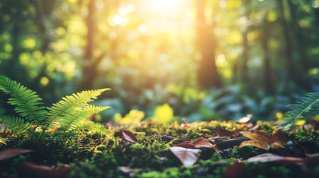 green fern leaves on moss in forest with sunlight, nature backgroundの写真素材