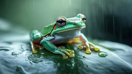 Green tree frog on a leaf in the rain. Close up.