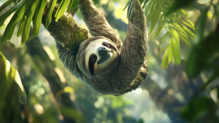 Two-toed sloth hanging on a branch in the jungleの写真素材