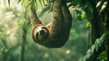 Two-toed sloth hanging on a tree in the jungleの写真素材
