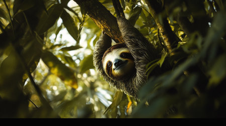 The three-toed sloth (Sloth) hanging on a tree.の写真素材