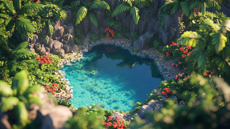 Tropical garden with a pond in the shape of a heart