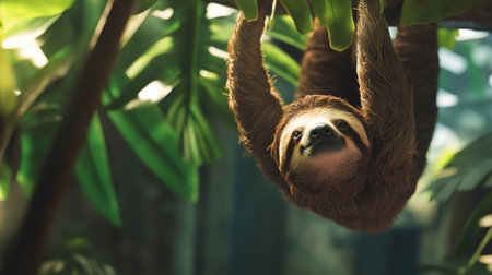 Sloth hanging on a tree branch in the jungle. Animal in the jungle.