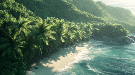 Tropical beach with palm trees on the island of Seychelles