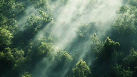 Forest with fog and sunbeams in the morning, nature background