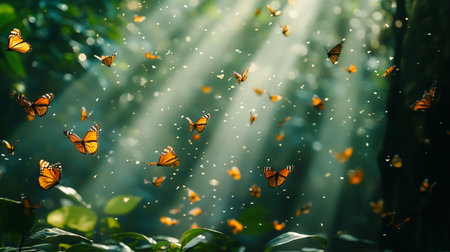 Butterflies flying in the morning light on the green forest.