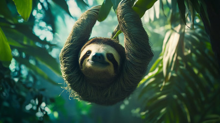 Cute sloth hanging on a tree branch in a jungle.