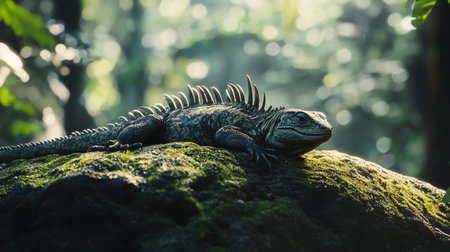 Iguana sunbathing on a rock in the rainforestの写真素材