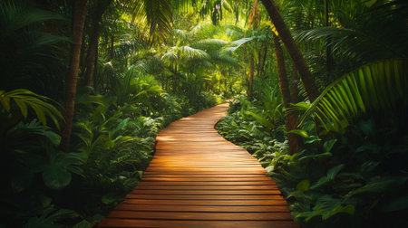 Wooden walkway in the tropical jungle. Pathway in the jungle.