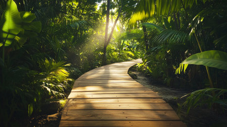 Wooden walkway in the tropical forest with sunbeams.の写真素材