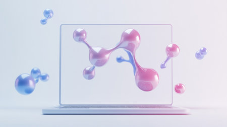 3d rendering of a laptop computer with abstract 3d molecule backgroundの写真素材