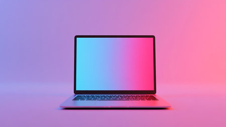 Laptop with blank screen on pink and blue background. 3d renderingの写真素材