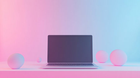 Laptop with blank screen and easter eggs on pink and blue backgroundの写真素材