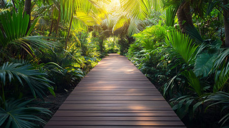 Wooden walkway in tropical garden with palm trees and sunlight.の写真素材