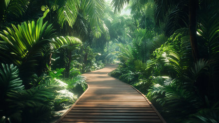 Wooden walkway in the tropical garden, nature background concept.の写真素材