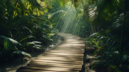 Wooden walkway in the tropical forest with sunbeams.の写真素材
